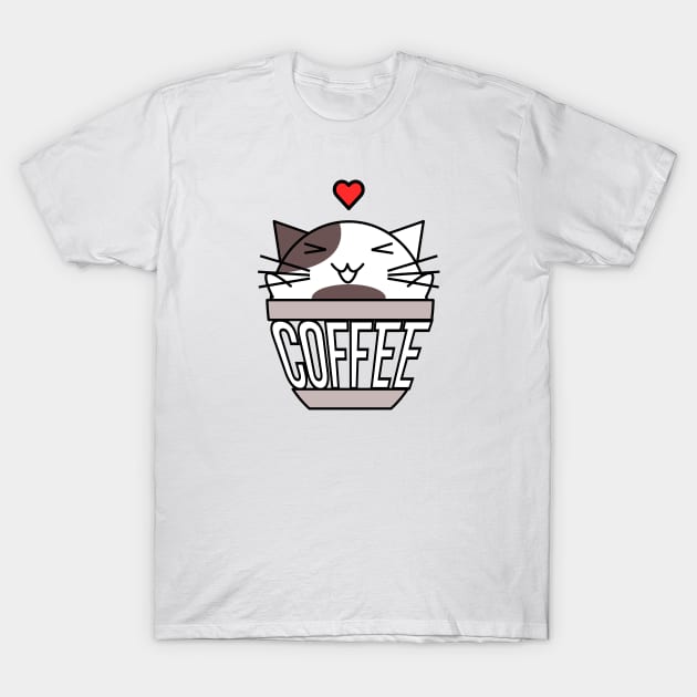 Happy cat in coffee cup with warped text heart on head brown T-Shirt by coffeewithkitty